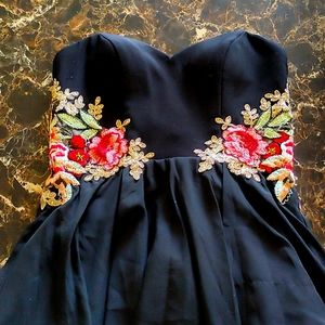 A Blondie Nites dress, Size 7, Black with Sewn Floral Accents
